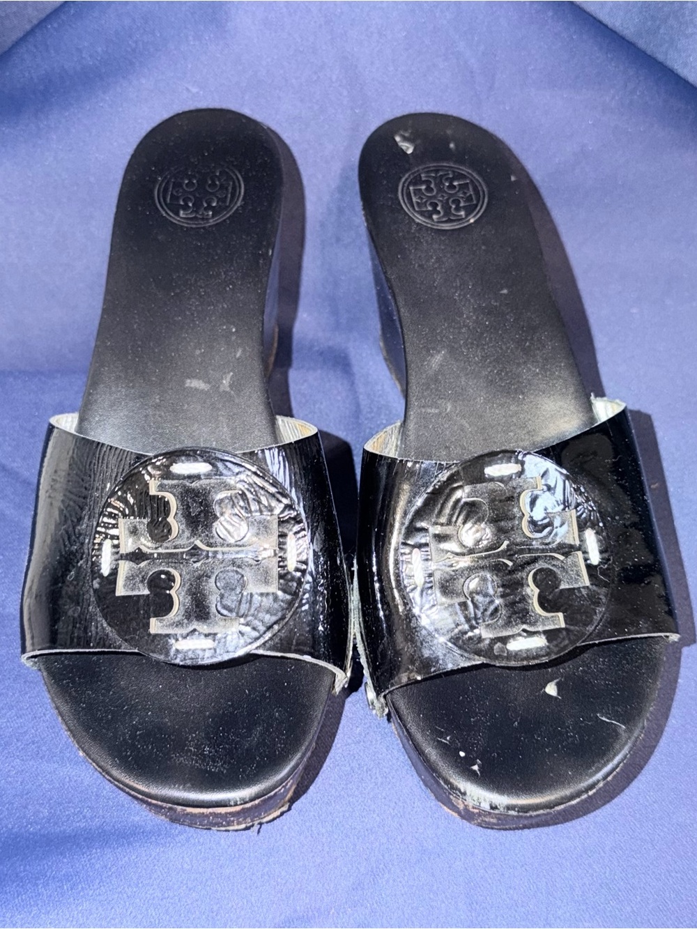 Tory Burch Black Patent Logo Slide Mules
